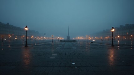guillotine. An empty square at dawn, the silhouette of a tall guillotine faint in the morning mist. event programs, museum guides, designed for cultural heritage projects and event programs.