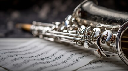 Fototapeta premium saxophone. Polished silver saxophone leaning against music stand with sheet music. tutorial guides, club newsletters, designed for tourism and weekend activity guides, inspires participation.