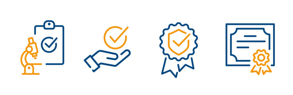 quality certification icons, certified badge, quality lab test, paper certificate, best product guarantee, hand with check mark, line icons, set vectors on white