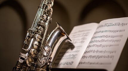Fototapeta premium saxophone. Polished silver saxophone leaning against music stand with sheet music. tutorial guides, club newsletters, designed for tourism and weekend activity guides, inspires participation.