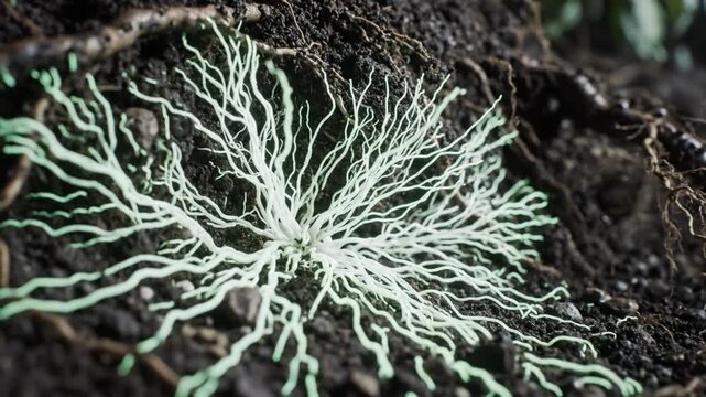 Fungal growths sprouting from the dark damp soil in a forest environment, highlighting the roots of a mysterious organism