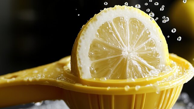 squeezer. A yellow lemon squeezer being compressed, droplets flying in kitchen scene. menu design, packaging mockups, designed for culinary blogs and recipe cards for restaurants, inspires cooking.