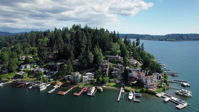 Real Estate Drone View of Luxury Lakefront Homes