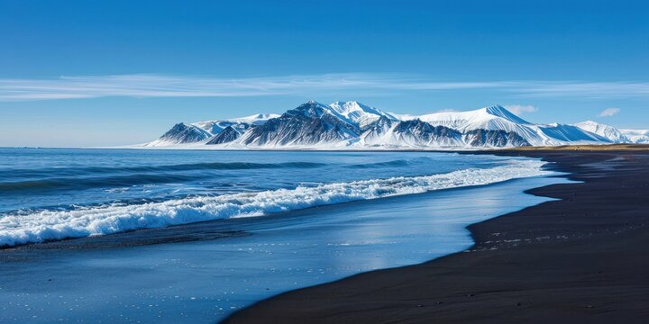 snow covered mountain north sea ocean landscape in background