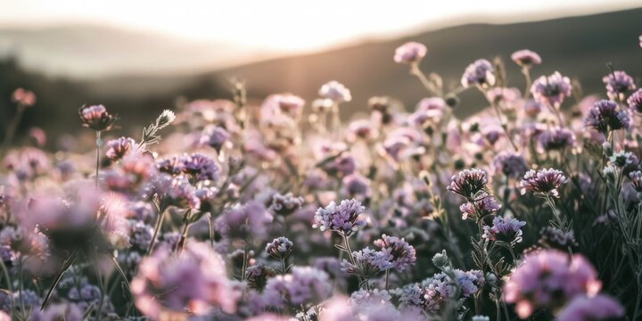 Purple flowers growing on field during sunset horizontal field landscape