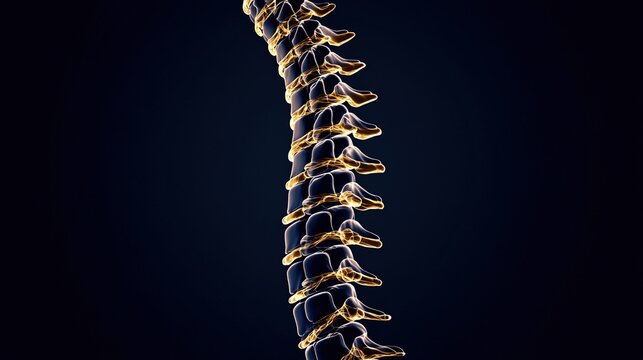 culpability. X-ray silhouette of a human spine with a subtle golden coil ascending within the vertebrae. STEM education sheets, lab safety posters, designed for biotech research communications.