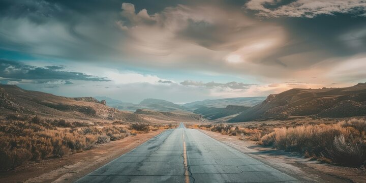 road against cloudy sky and low mountain landscape