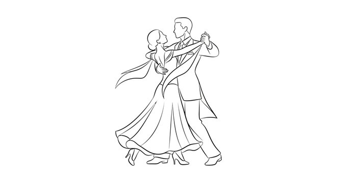 ballroom dancing couple gracefully waltzing an elegant formal line art illustration for wedding and romantic events.