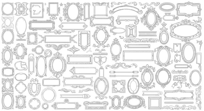 collection of diverse ornamental vintage frames decorative borders labels and classic scroll elements for graphic design.
