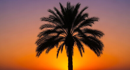 Obraz premium Stunning Palm Tree Silhouette At Sunset Showcasing A Beautiful Gradient Sky Transitioning From Purple To Fiery Orange
