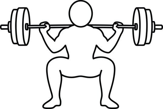 A simple black and white line drawing of a person performing a barbell squat exercise
