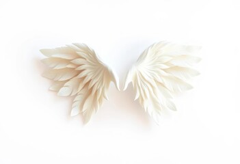 Fototapeta premium Delicate, miniature white angel wings, softly feathered, isolated on white background, pastel, white background