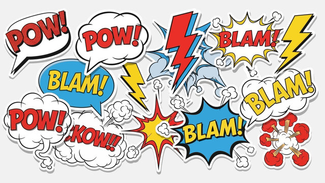 vibrant retro pop art comic book sound effects featuring dynamic speech bubbles like pow blam and kow with lightning and explosions depicting action and impact for design projects.