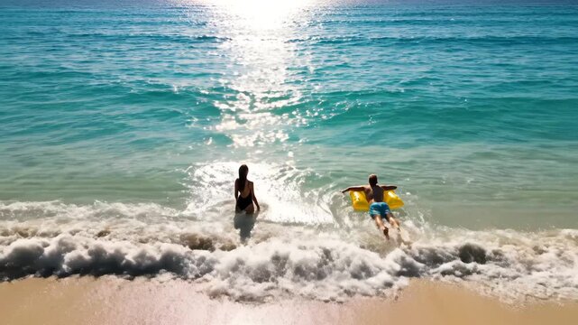 Couple at beach with inflatable float