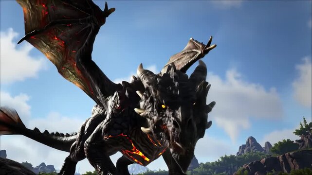 Massive dark reptile creature with glowing internal fire breathing flame outdoors