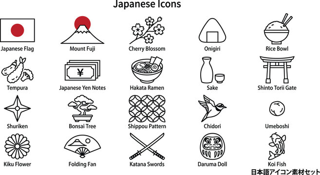 Japanese Culture Icon Set, Traditional Symbols and Food Elements Collection, Black Outline Vector Illustration for Web, Print and Branding Design