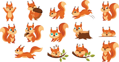 Fototapeta premium Cute Cartoon Squirrel Activity Vector Set with Forest Rodent Running Jumping Sleeping and Holding Acorn Isolated on White Background.