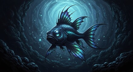 Fantasy fish in a dark underwater environment with blue and teal colors