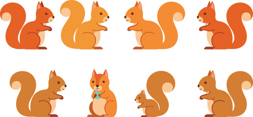 Cute Cartoon Squirrel Vector Collection with Forest Rodent in Different Side View Poses Isolated on White Background. © MstSuborna