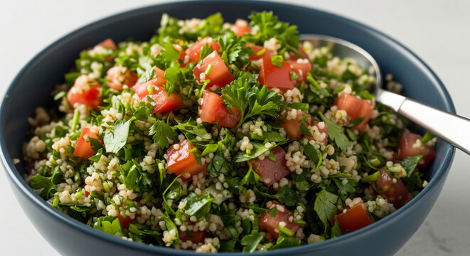 Close-Up View of Fresh Lebanese Tabbouleh Salad Served in a Blue Bowl, Featuring Parsley, Tomatoes, and Bulgur Wheat