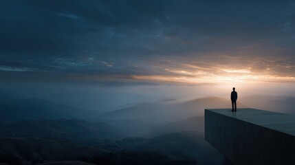 Man standing on sturdy platform overlooking vast landscape symbolizing brand's distinct and superior place in market, competitive advantage concept. Differentiation and reasons to believe proof.