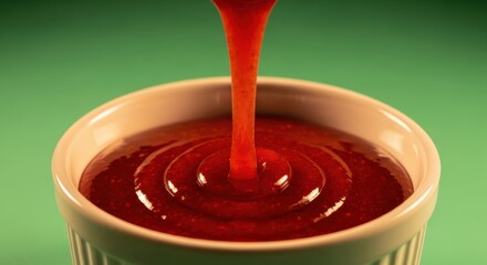 Red liquid being poured into a white ceramic bowl creating ripples on a green background from a close-up viewpoint