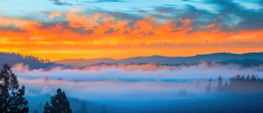 Sunrise with a trail of fog high top peak mountain horizontal landscape sky cloud glow light