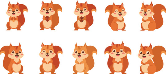 Fototapeta premium Cute Cartoon Squirrel Character Vector Set with Adorable Forest Rodent in Different Standing and Sitting Poses Isolated on White Background.