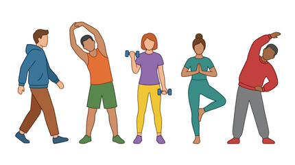 Fototapeta premium Diverse Active Adults Engaging in Varied Fitness Activities, Promoting Health & Obesity Prevention, Flat Outline Style with Bright Colors, Clean Vector Graphics Isolated.