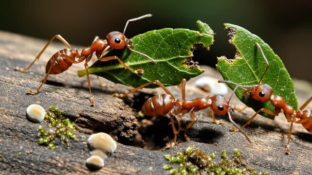 Ants carrying leaf pieces on log