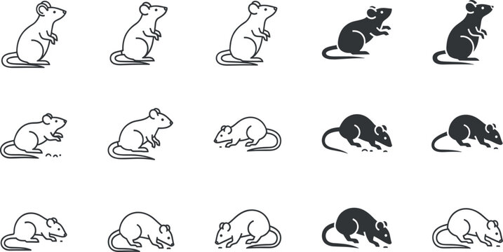 Mouse Outline and Silhouette Vector Collection with Little Rodent in Running Sitting and Standing Poses Isolated on White Background.