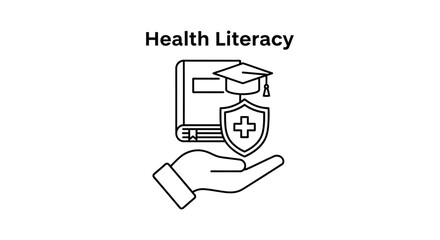 health literacy hand book graduation cap medical shield symbolizing health education knowledge and patient empowerment.