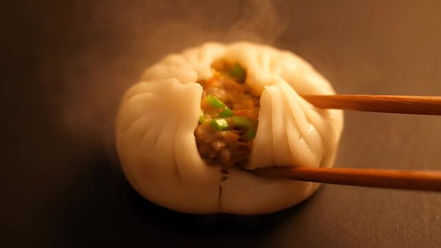 Steaming Hot Asian Meat Bun with Chopsticks, Close-up Food Photography