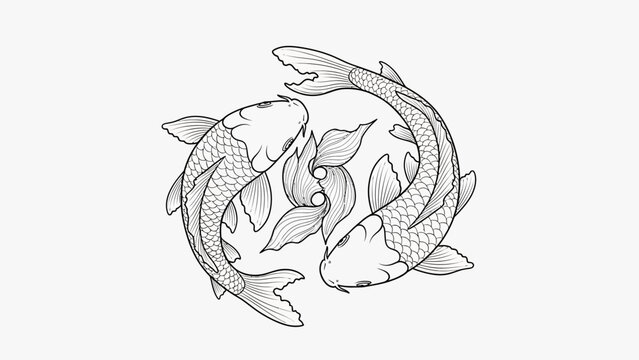Two koi fish illustration in yin yang symbol graphic design on white