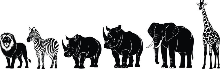African safari animal silhouettes including lion zebra rhinoceros elephant and giraffe isolated on white background, detailed wildlife vector set for design © LITON WORLD