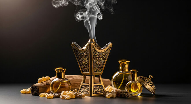 Traditional Golden Mabkhara Incense Burner Smoking Amidst Luxurious Oud Oil Perfume Bottles and Aromatic Resins