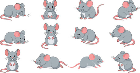 Cute Cartoon Mouse Activity Vector Set with Adorable Little Rodent Running Sitting and Playing in Different Poses Isolated on White Background. © MstSuborna