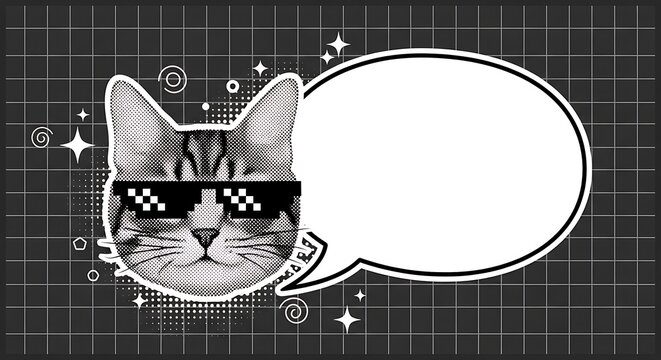 Grayscale cat with pixel glasses and a speech bubble on a grid background
