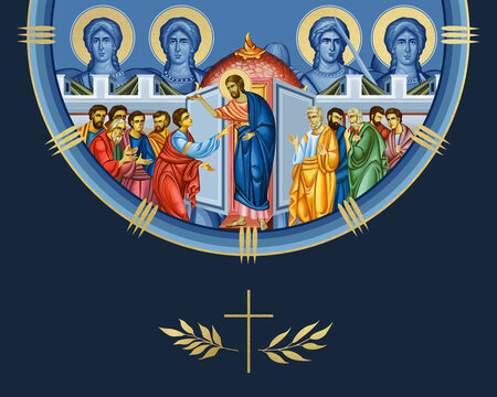 Doubting Thomas scene and four cardinal points (Archangel Gabriel, Uriel, Raphael and Michael). Illustration in Byzantine style isolated