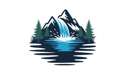 Beautiful mountains waterfall and sun with river outdoor vector t-shirt design, travel and adventure forest scene with pine tree vector illustration