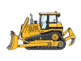 Yellow bulldozer illustration with a large blade, tracks, and cab, symbolizing construction and heavy machinery