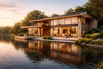 Obraz premium Interior view from inside a modern living room overlooking a calm lake through large floor-to-ceiling glass windows