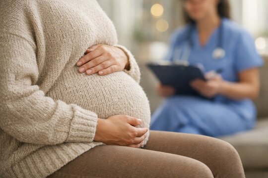 Close up of pregnant woman holding belly during medical consultation with doctor in background, prenatal care concept