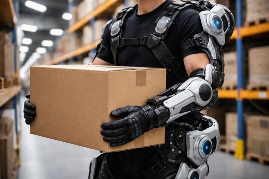 Warehouse worker wearing futuristic exoskeleton suit holding cardboard box, industrial automation and bionic technology concept