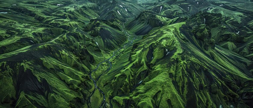green jungle cover on hill mountain landscape valley moss lush forrest and river waterfall