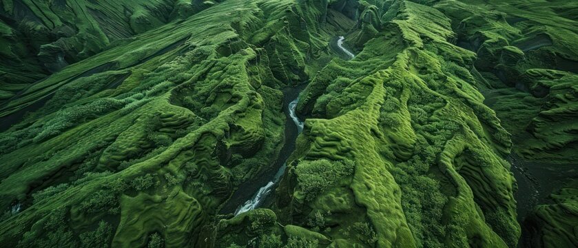 green jungle cover on hill mountain landscape valley moss lush forrest and river waterfall
