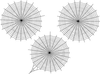 Obraz premium Black and white spider web illustration set, detailed cobweb design isolated on white background, spooky Halloween concept, vector style line art