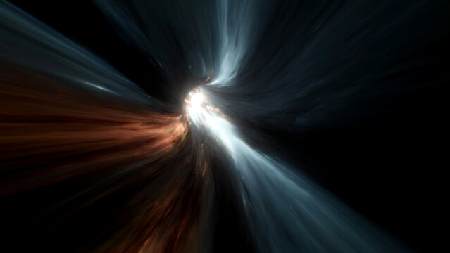 Smooth flowing space tunnel with blue and teal light trails bending toward a dark center, forming a calm yet immersive sense of motion and dimensional travel
