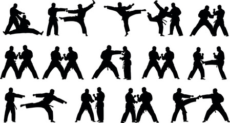 Silhouettes of martial artists fighting in kimono including karate judo and taekwondo fighters sparring kicking and punching vector collection set © MDBABUL