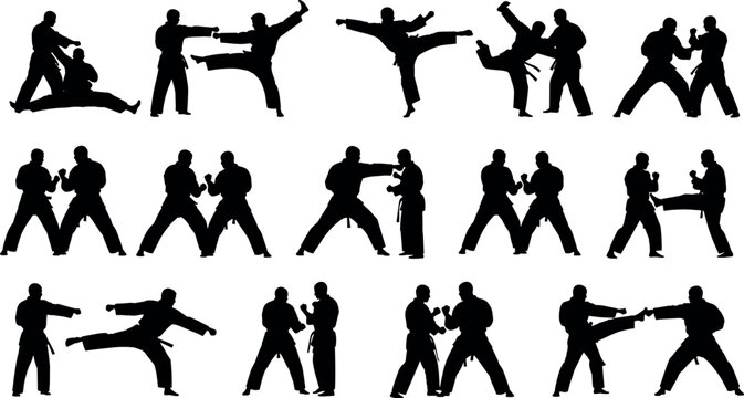 Silhouettes of martial artists fighting in kimono including karate judo and taekwondo fighters sparring kicking and punching vector collection set